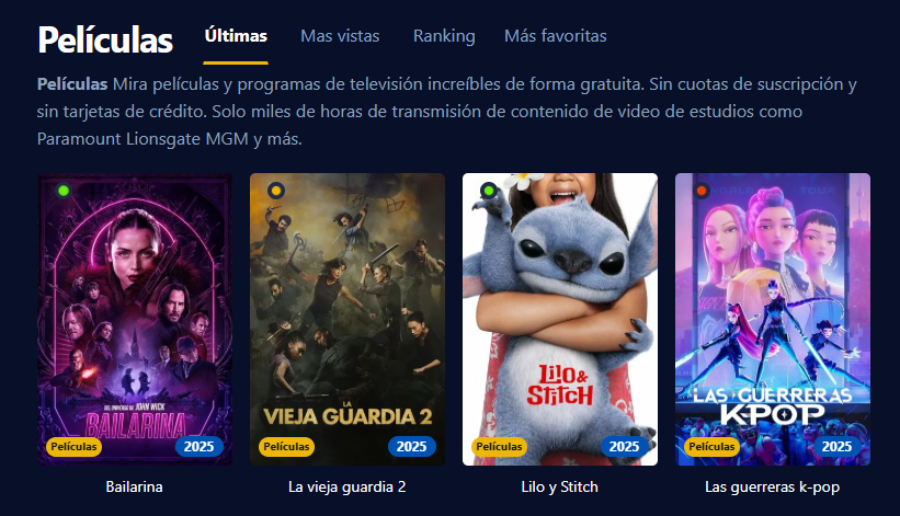 Captura de pantalla de la interfaz de usuario de Pelisflix mostrando una variedad de cintas y series con un diseño retro